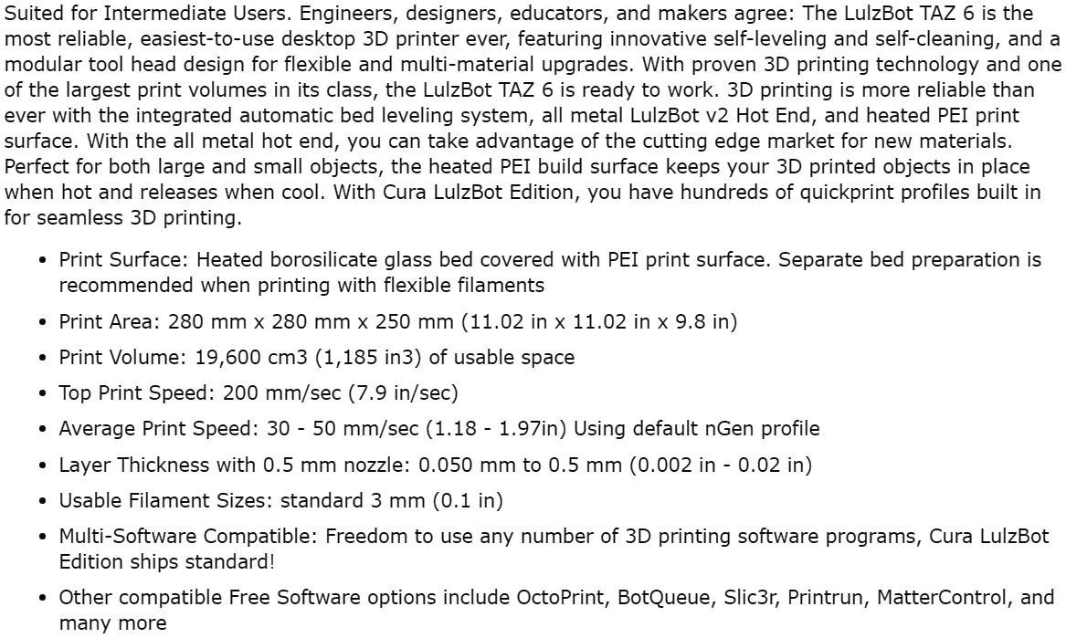 מדפסת תלת מידי LULZBOT TAZ 6 3D PRINTER TEXT